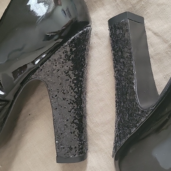 Tory Burch Colin Black Patent Leather Glitter Block Heels, Round Toe 6 M - Picture 8 of 10